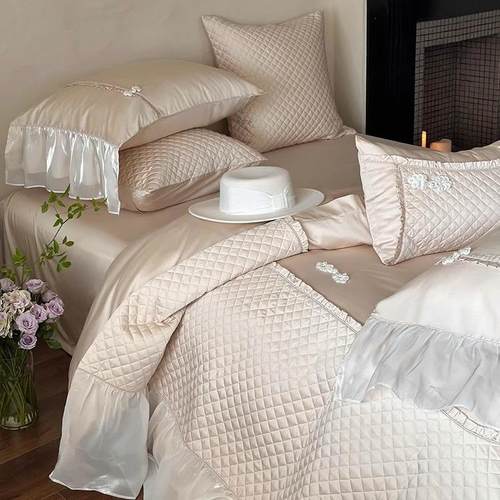 轻奢风100S长绒棉四件套公主绗缝刺绣大花边被套床单1.8m床上用品