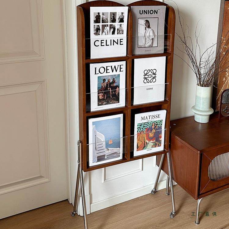 美式复古实木置物架杂志架柜客厅沙发边柜家用移动现代简约陈列柜