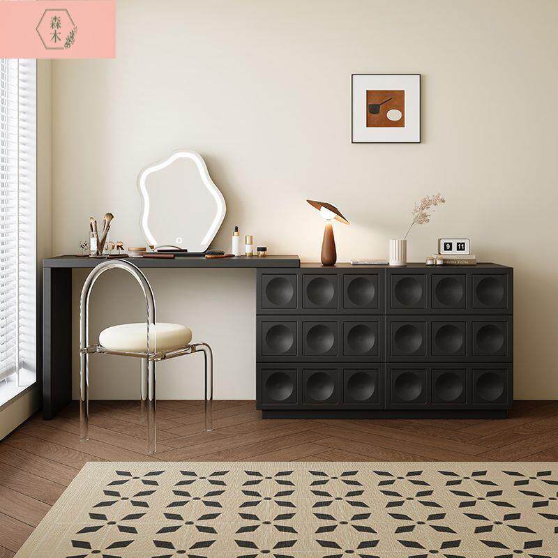 轻奢旋转实木梳妆台斗柜卧室伸缩烤漆简约现代黑色网红极简化妆桌