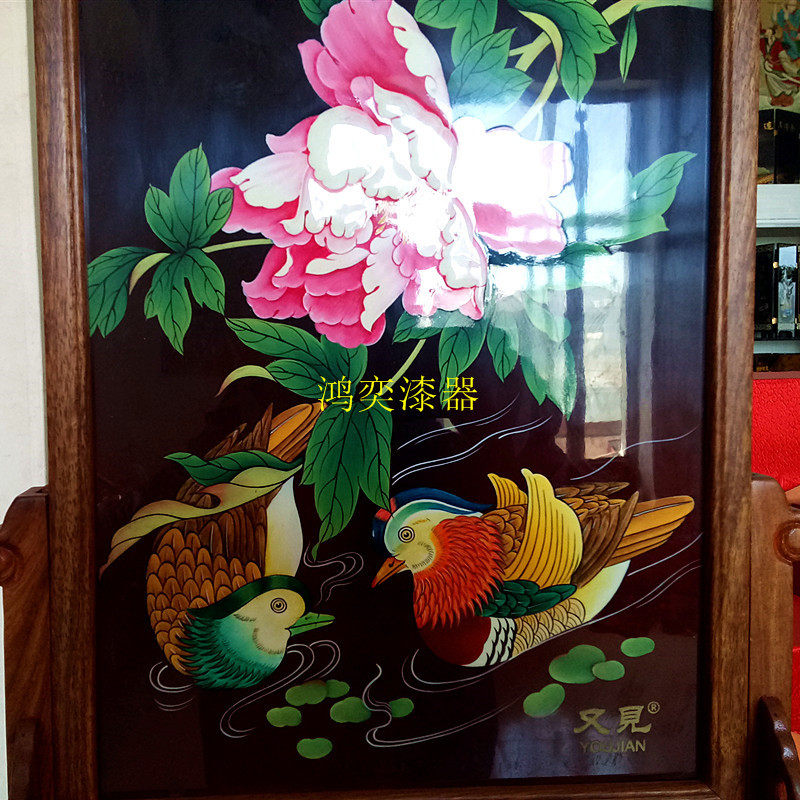 平遥漆器厂生产家居摆件漆器彩绘工艺品田园家居摆件鸳鸯牡丹图