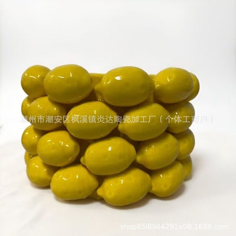热销陶瓷摆件插花北欧风艺术柠檬花瓶陶瓷清新卧室花盆创意