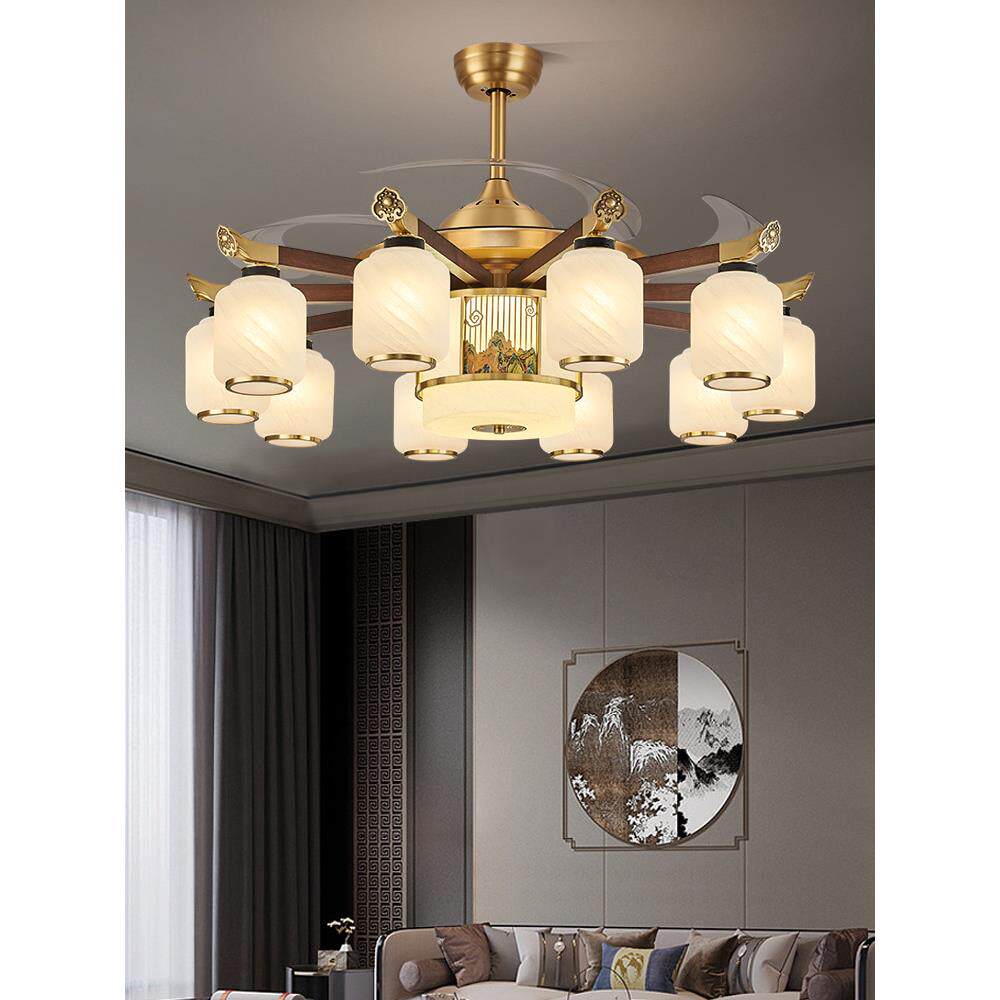 新中式全铜隐形风扇吊灯客厅现代中国风风扇灯餐厅卧室静音吊扇灯