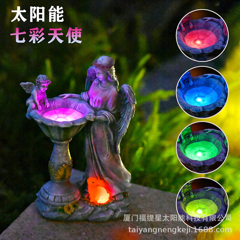 亚马逊太阳能树脂摆件水池仙子装饰天使雕像庭院灯花园园林摆件