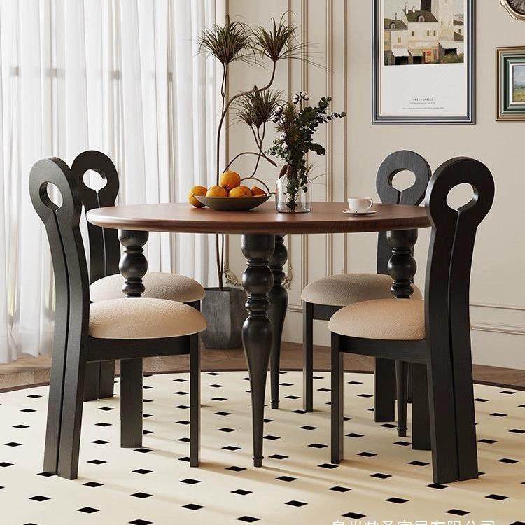 法式中古风全实木圆形餐桌轻奢美式饭桌家用小户型圆桌椅组合