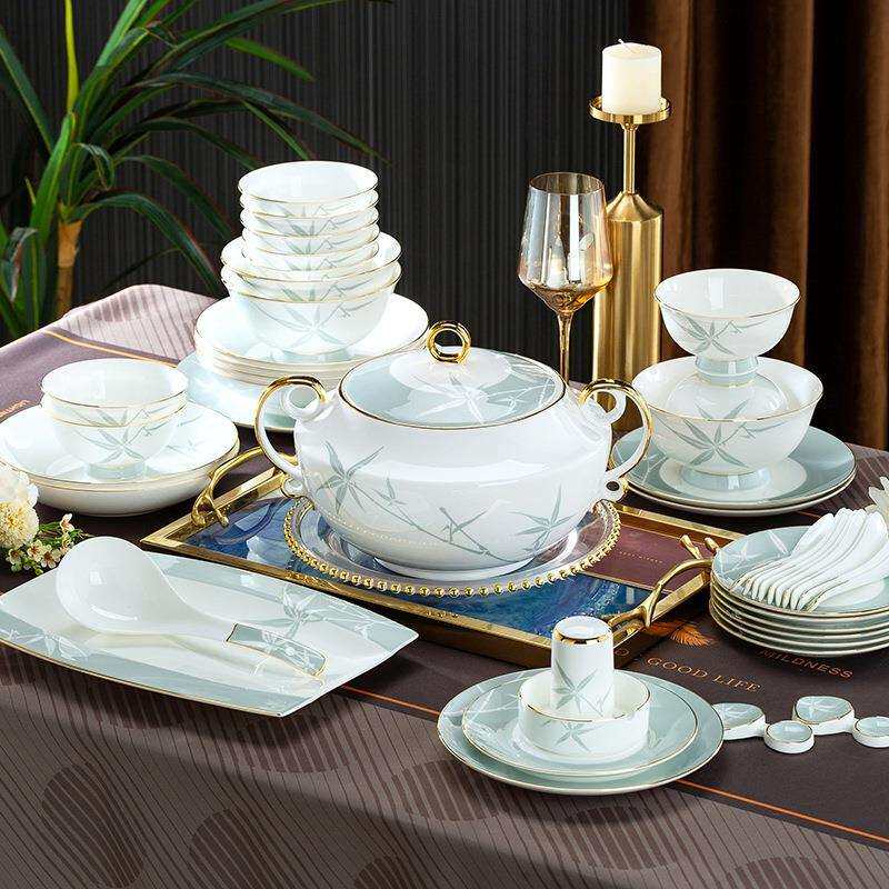 竹报平安骨瓷60头餐具严选百货套装碗具套装一套抗细菌釉面光滑