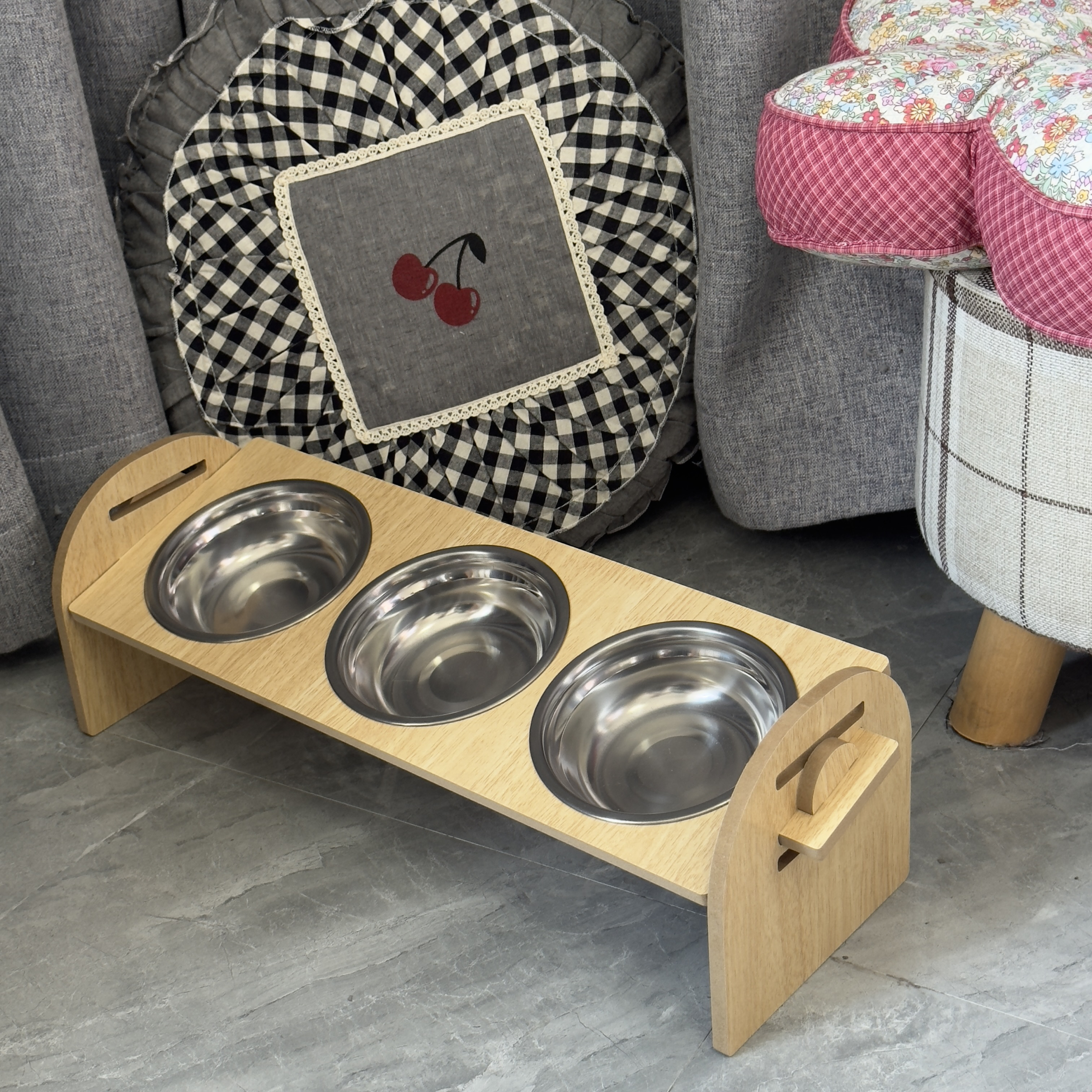 宠物猫碗架可调节拆洗木质猫碗