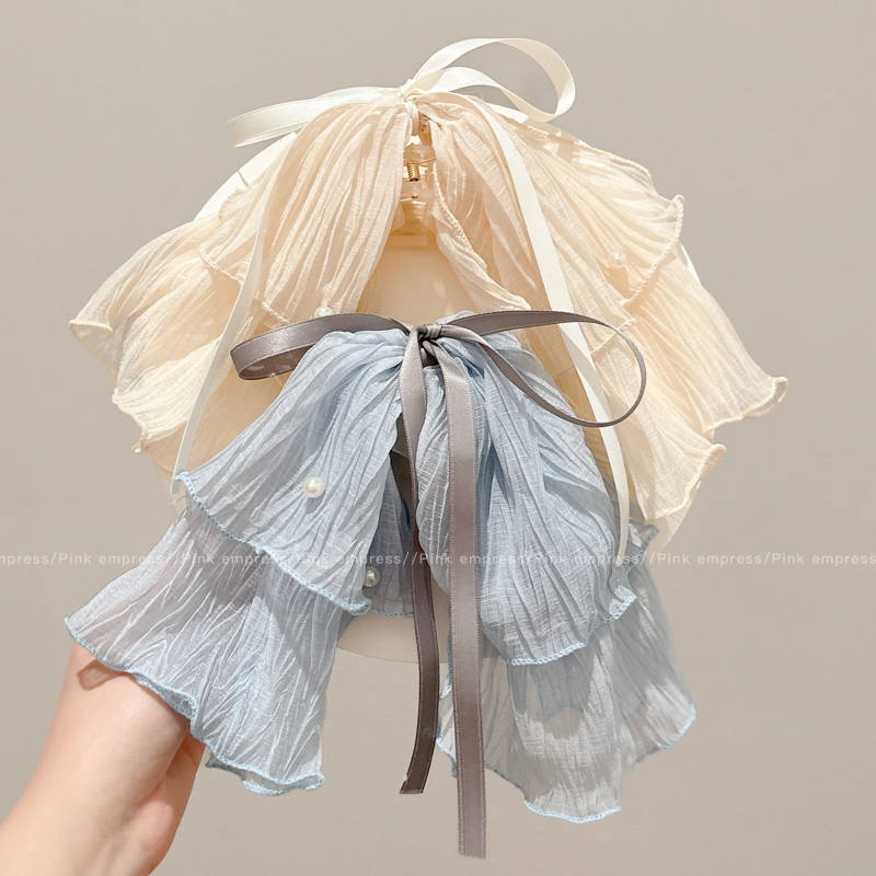 海盐蓝网纱飘带蝴蝶结抓夹女2025新款高级感发夹超仙半扎发鲨鱼夹