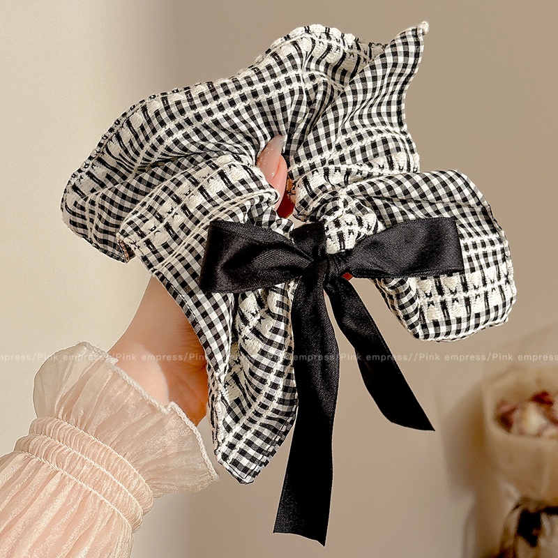 芭蕾风黑色条纹蝴蝶结方巾发圈女2025新款马尾发绳头饰超大号头花