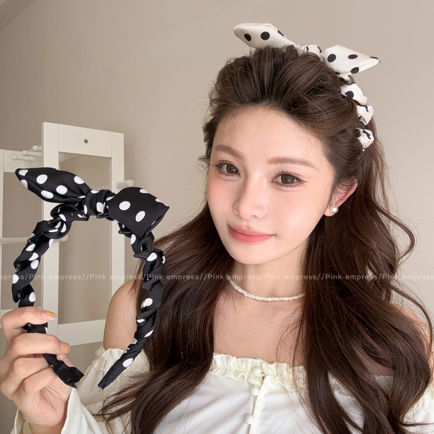 韩系立体波点兔耳朵蝴蝶结发箍女高颅顶防滑带齿洗脸头箍发卡头饰