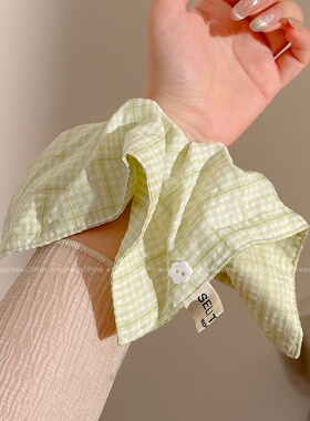 森系绿色格纹方巾大肠发圈女夏季小清新扎发头绳气质低丸子头头花