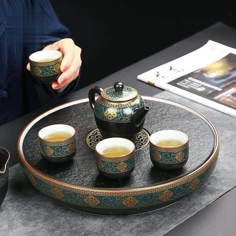 乌金石陶瓷茶盘家用商务干泡小茶台大茶海储水茶托盘圆形茶盘