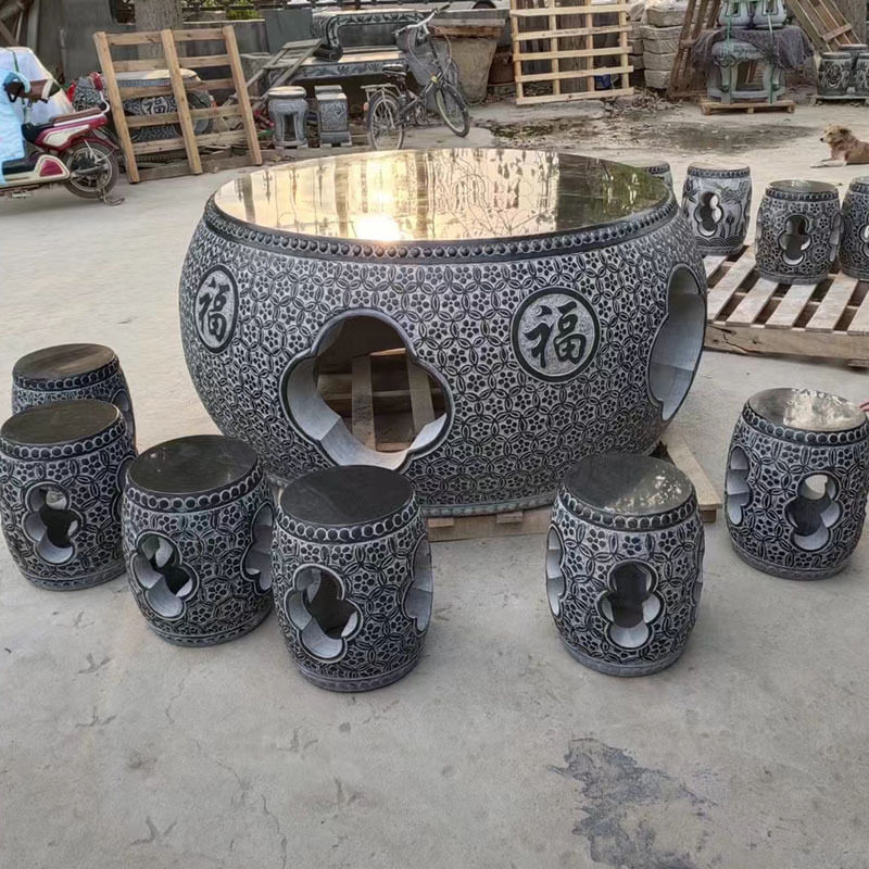 石雕石桌石凳青石庭院圆桌椅一套花园茶桌天然大理石桌子户外摆件