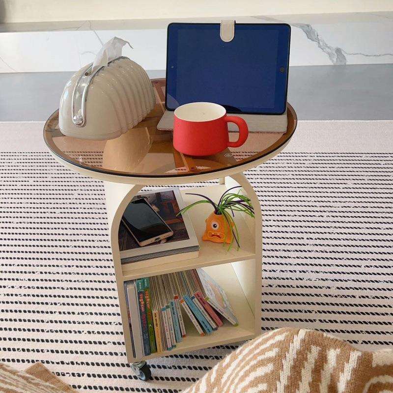 奶油风沙发圆形玻璃边几现代创意客厅茶几卧室床头柜小桌子可移动