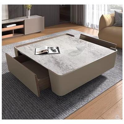 7W轻奢家用现代简约正方形大小户型马鞍皮意式极简大平层岩板茶几