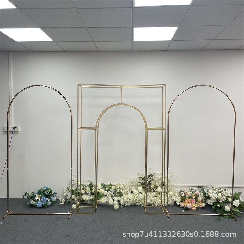 新款婚庆铁艺屏风架子舞台摆件户外装饰花架婚礼背景圆形拱门金色