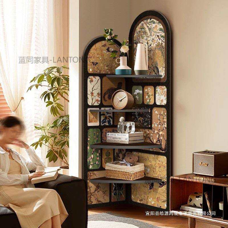 中古风转角柜客厅电视柜旁边装饰画复古置物架多层收纳柜三角柜