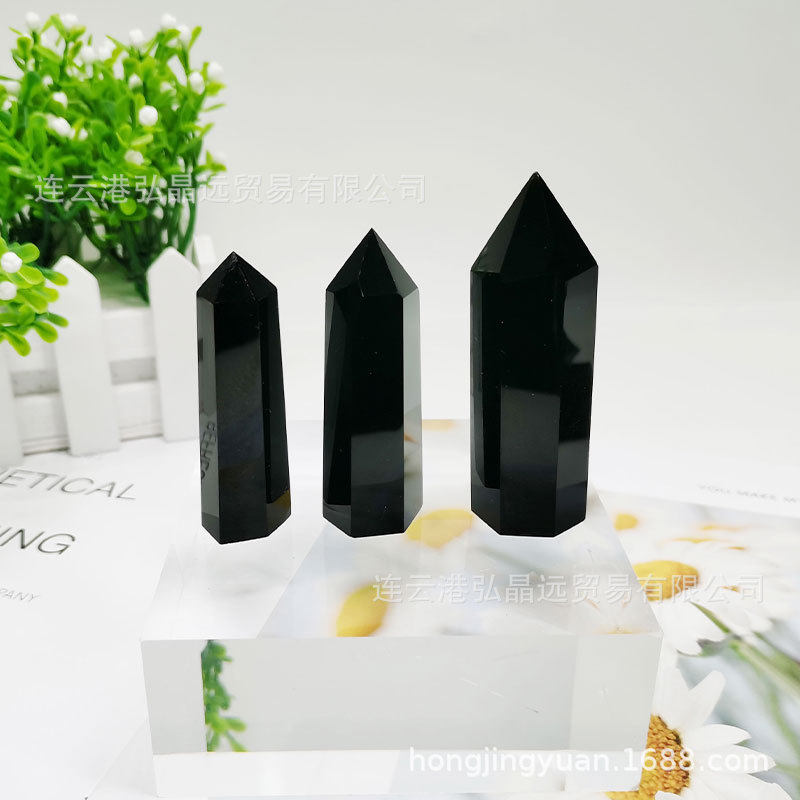 弘晶远水晶天然黑曜石六棱柱水晶柱单尖水晶塔原石打磨跨境批发