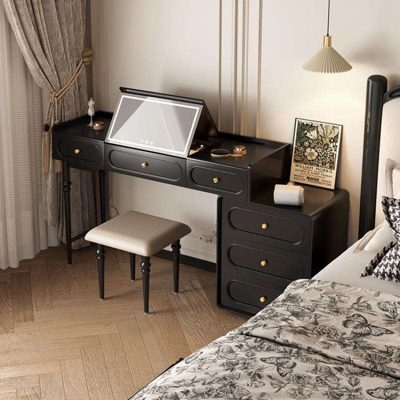 法式复古实木翻盖梳妆台斗柜一体现代简约卧室高级感黑色化妆台桌