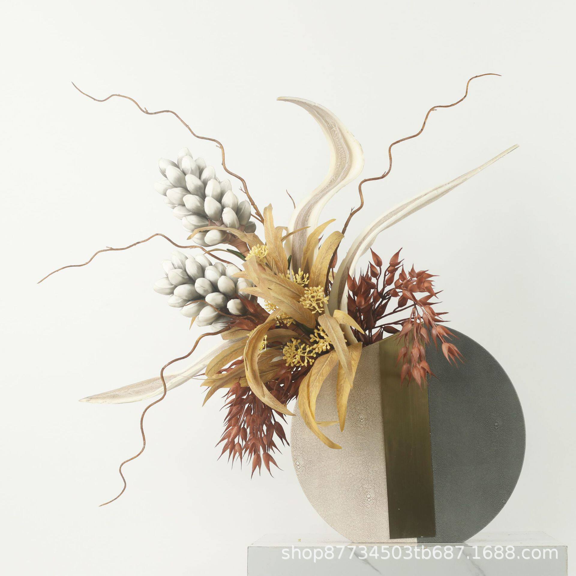 轻奢仿真花束花艺套装餐厅客厅装饰品灰色PU皮花器摆放家居装饰品