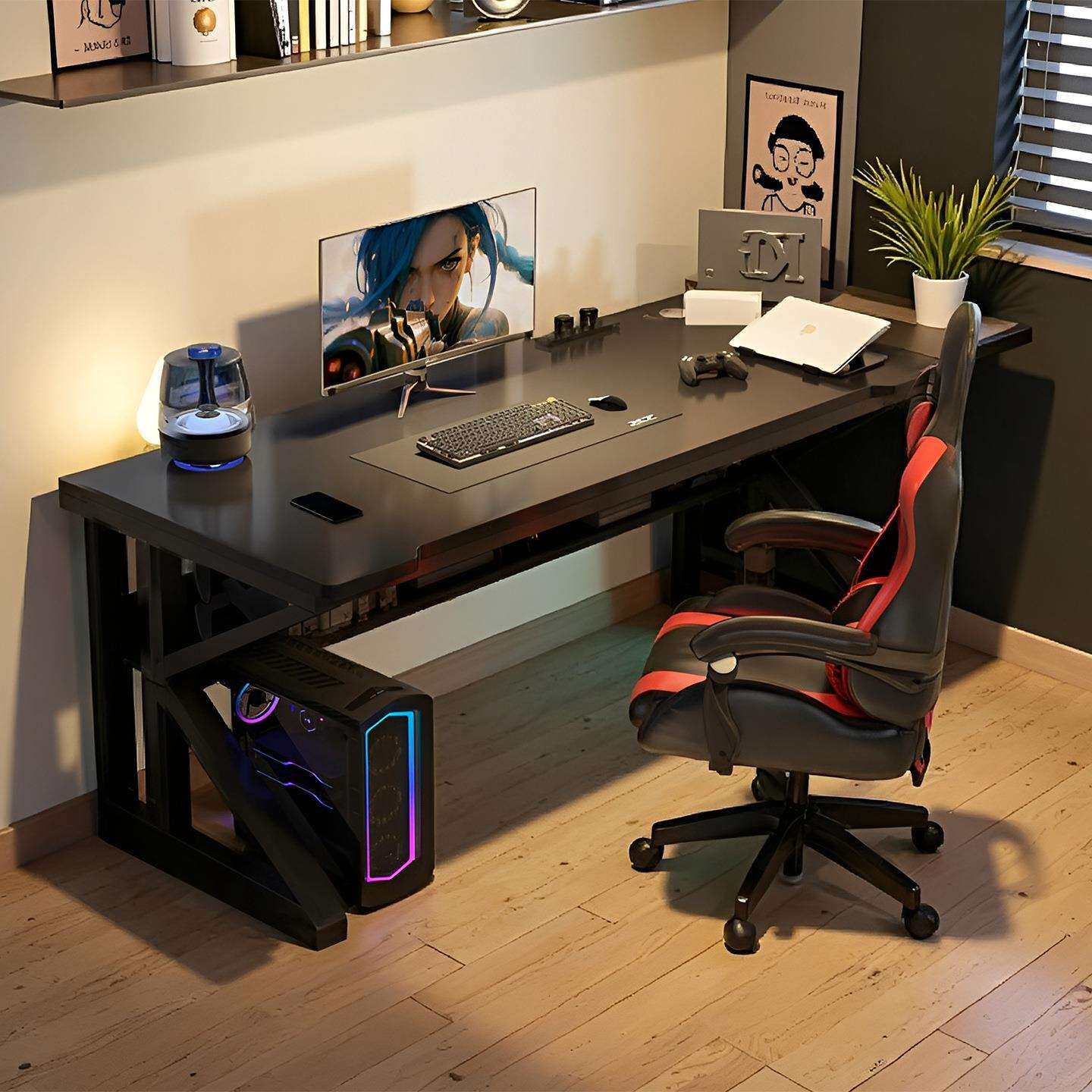 电脑桌台式电竞桌子家用带置物架办公长条书桌卧室靠墙学习写字桌