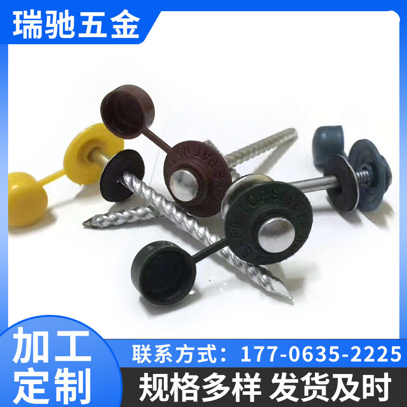供应彩色塑料帽钉带帽麻杆瓦楞钉抛光搓丝伞钉建筑组合铁批发