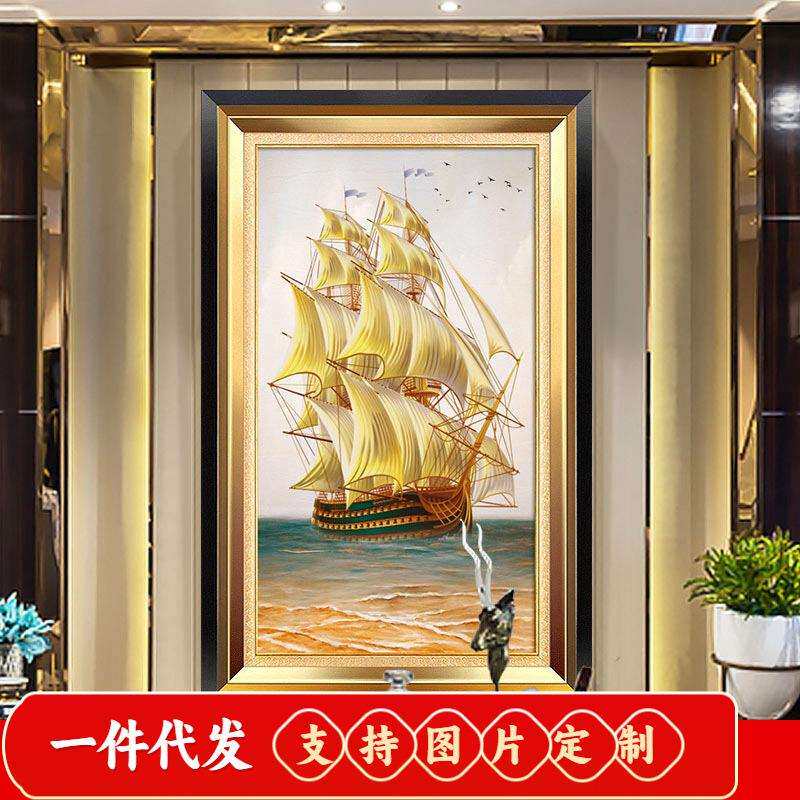 欧式2019新款5d钻石画玄关竖版十字绣满钻石绣贴钻一帆风顺砖石画