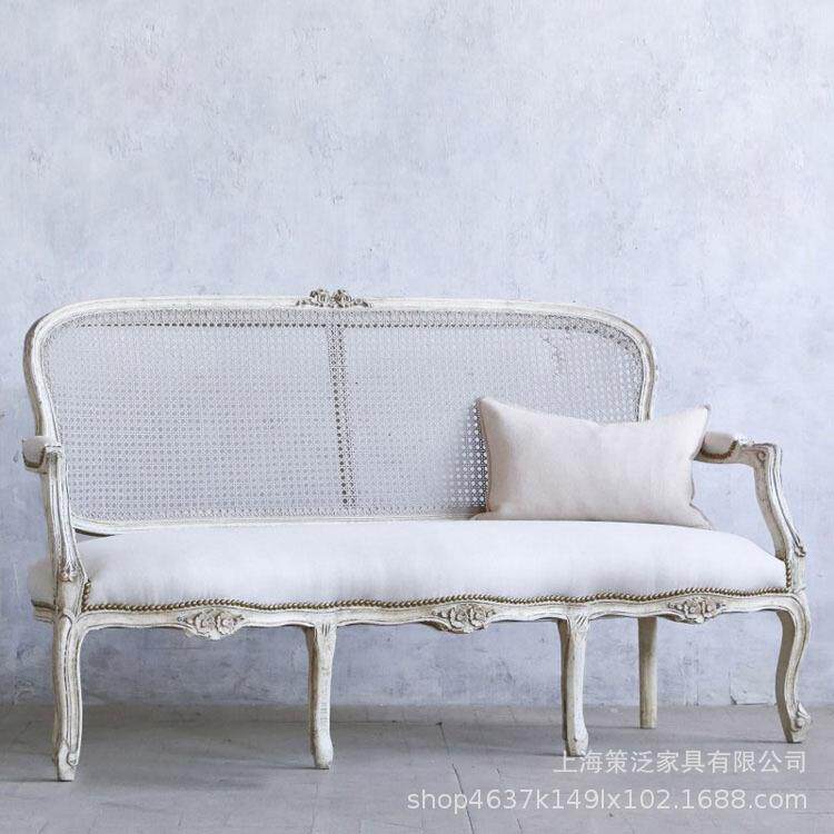现货法式白色复古做旧实木双三人沙发美式欧式编藤影楼双人沙发椅