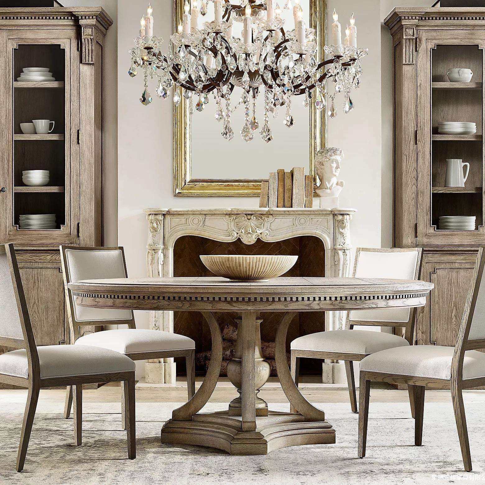 橡木美式圆桌纯实木复古乡村圆形餐桌椅欧式客厅家用饭桌别墅家具