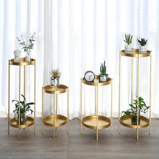 北欧铁艺双层花架室内落地式金色花盆架客厅阳台轻奢装饰置物架