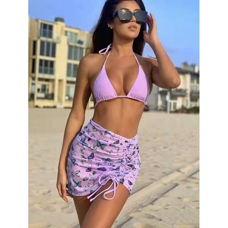 2026泳衣女比基尼印花分体纱裙bikini聚拢三件套泳装裙式沙滩