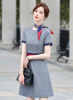 职业连衣裙女气质女神范灰色工装裙珠酒店售楼部客服行政服