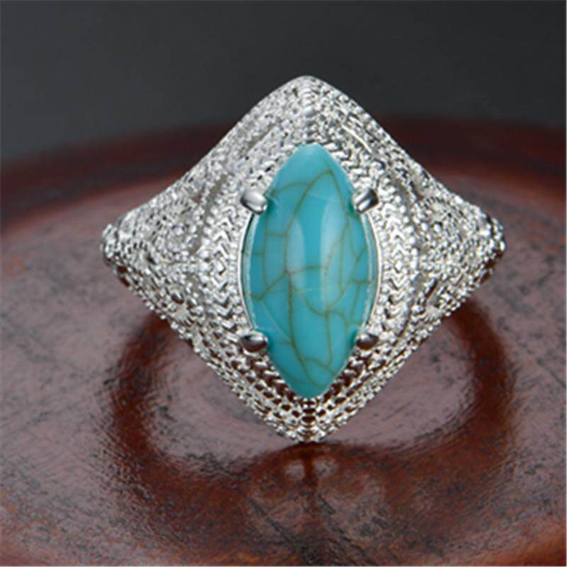 欧美简约大气复古银色戒指雕花马眼松石指环跨境外贸货源厂家直发