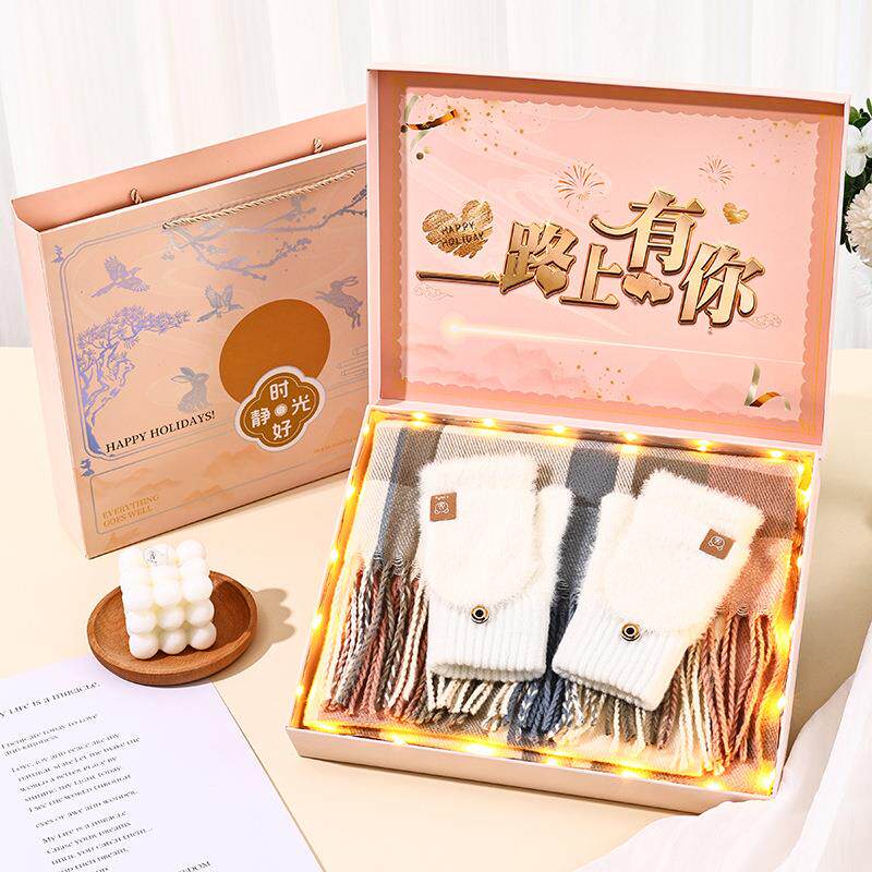 秋冬季露指半指翻盖手套女可爱白色保暖学生加厚送女友女朋友礼盒