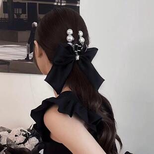 珍珠蝴蝶结发夹女端气质巨大号抓夹后脑勺盘发鲨鱼夹复古头饰