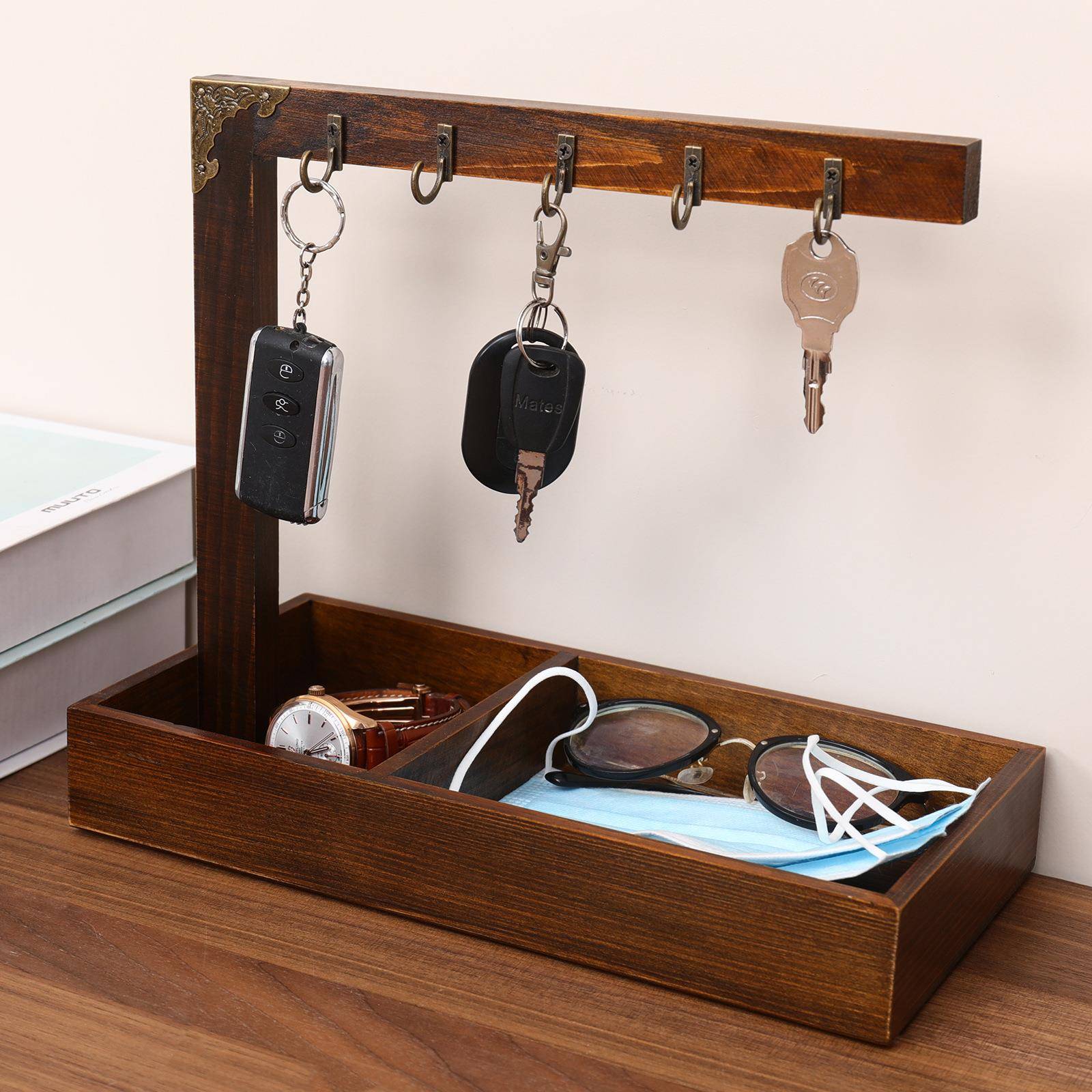 木制入户玄关门口鞋柜钥匙收纳盒客厅摆件桌面钥匙收纳置物架盘