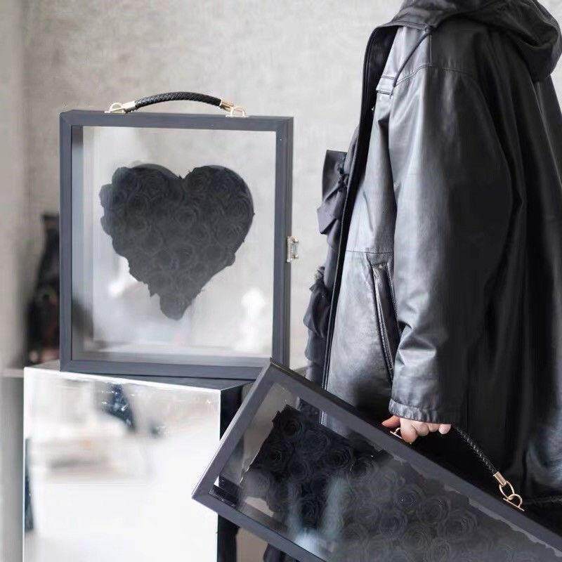 超大半透明开窗材质亚克力心形包装盒透明石纹手提袋花艺鲜花