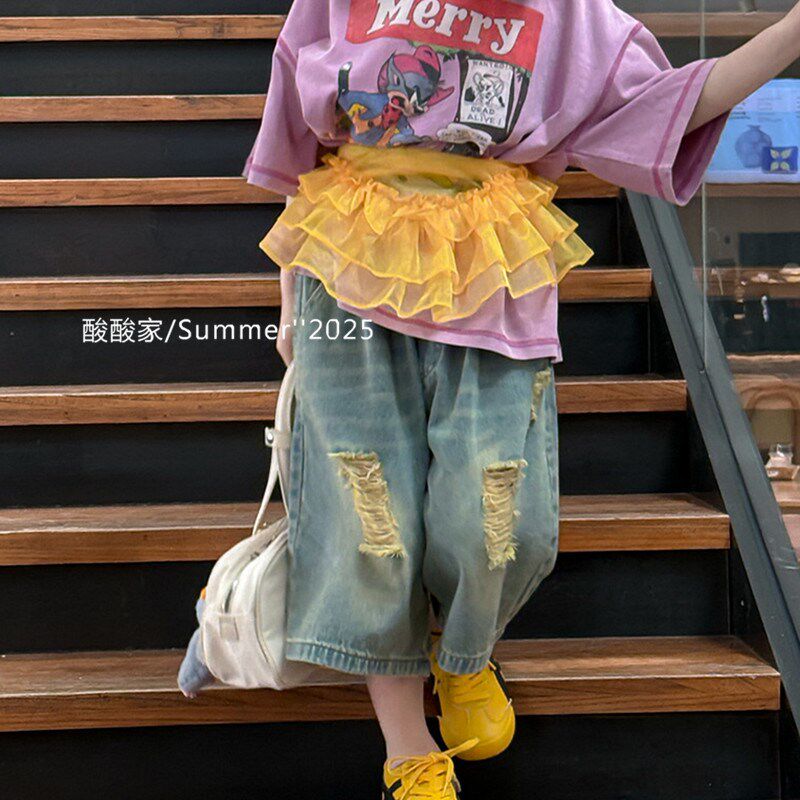 儿童复古做旧破洞牛仔裤夏季新品韩系男女童休闲宽松百搭五分裤潮