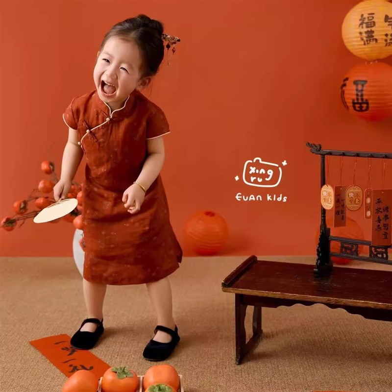 红色女童盘扣旗袍摄影服装薄款艺术新中式小女孩古风民国风连衣裙