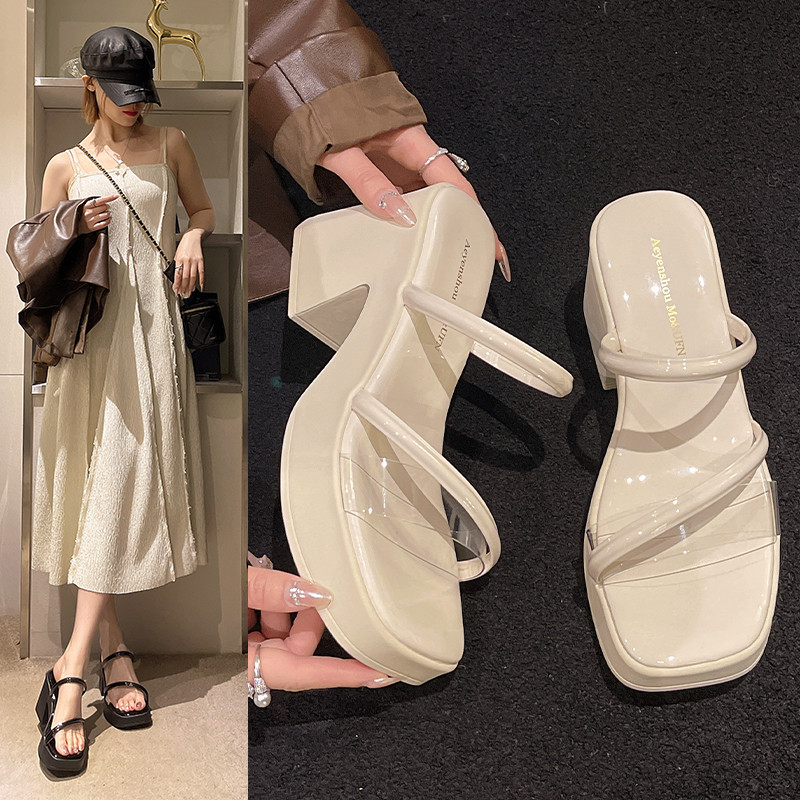 透明拖鞋女夏外穿高级感2025新款凉拖鞋子女士粗跟厚底增高跟凉鞋