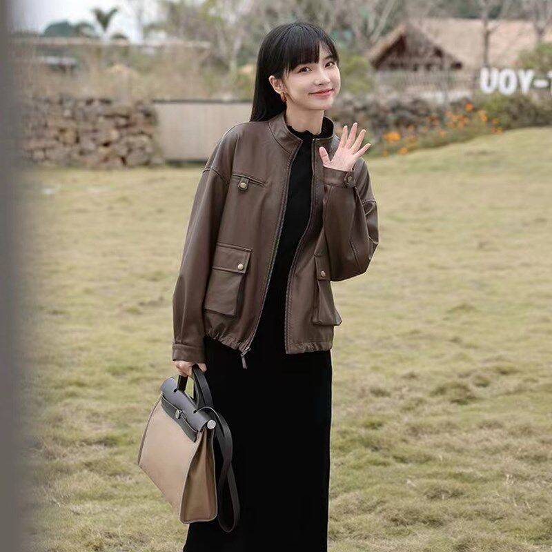 皮衣女装春秋时尚2023新款休闲机车服PU皮夹克黑色小个子短款外套