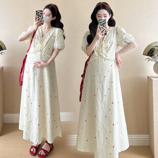 假两件休闲裙子夏季 孕妇装 连衣裙时尚 设计感刺绣短袖 孕妇裙夏 夏装