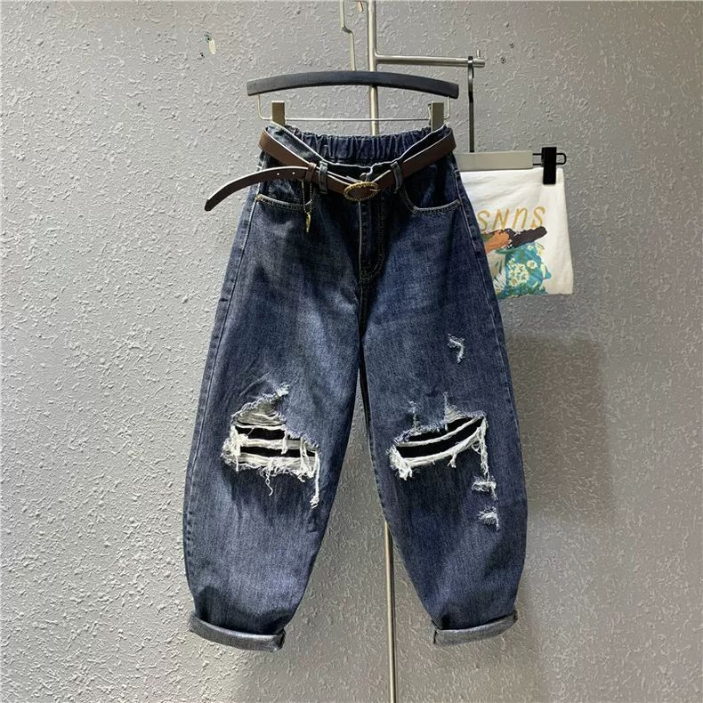 特大码300斤美式破洞老爹牛仔裤男女春秋复古宽松小脚萝卜哈伦裤2