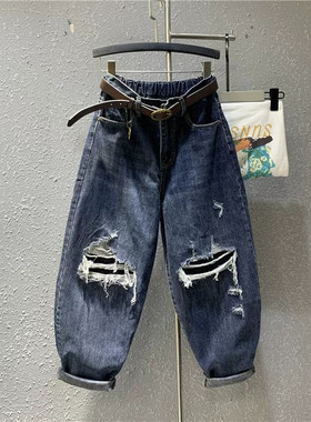 特大码300斤美式破洞老爹牛仔裤男女春秋复古宽松小脚萝卜哈伦裤2