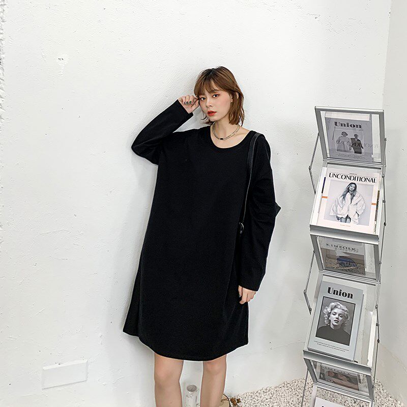 大圆领长袖t恤女2024新款胖mm中长款大版宽松大码遮肚连衣裙200斤