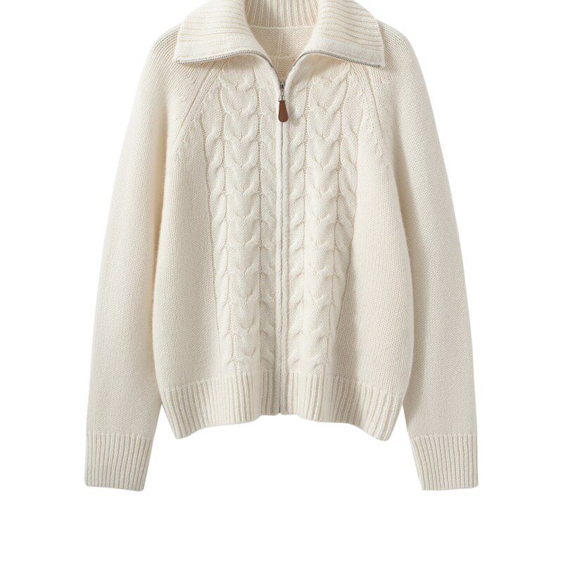 2025秋冬新款100%纯山羊绒衫女重磅加厚翻领拉炼麻花针织开衫外套