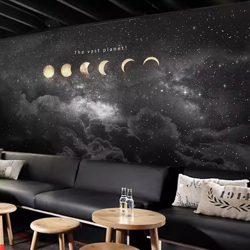 黑色星空墙纸夜空月亮月球背景墙装饰墙布客厅卧室咖啡厅餐厅壁纸