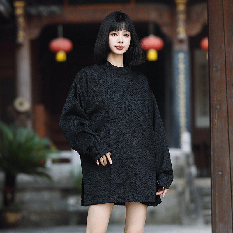 春秋季蟒纹提花上衣不对称汉服立领唐装奇装异服开衫潮男女情侣装