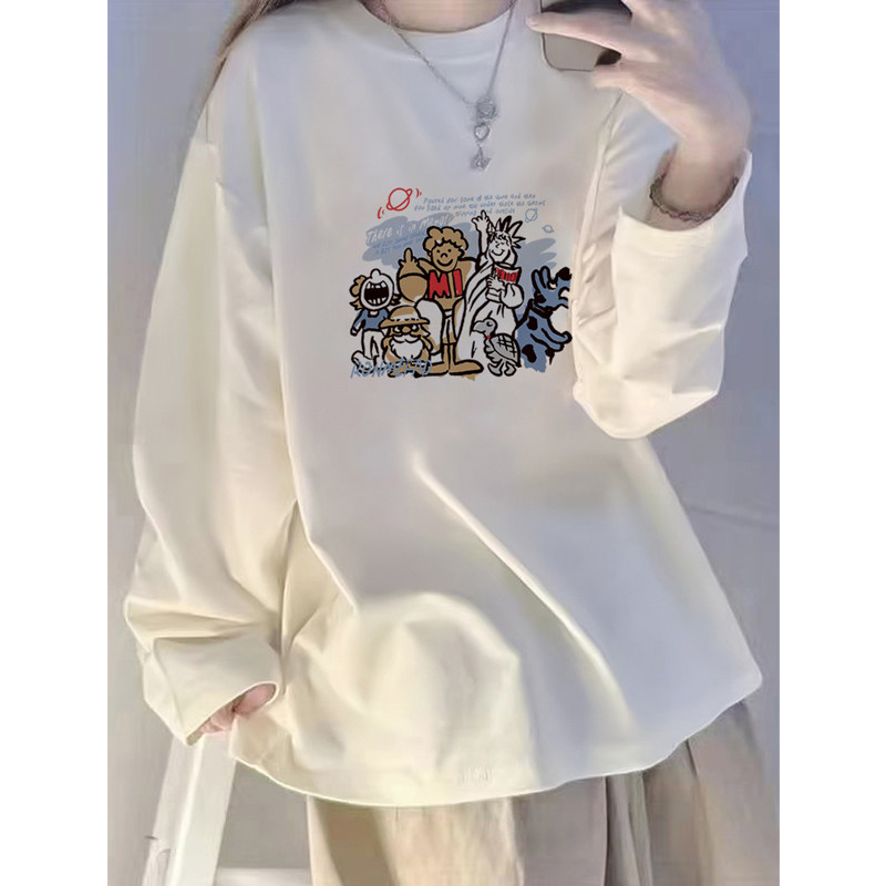 长袖t恤女2024新款美式宽松大码胖mm白色内搭打底衫纯棉早秋上衣