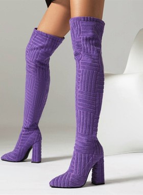 紫色过膝靴玫红色长靴子橙色长筒靴蓝色时装靴大码44 45 46 47 48