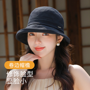 黑色渔夫帽子女2024新款春秋夏季大头围显脸小百搭防晒水桶盆帽潮